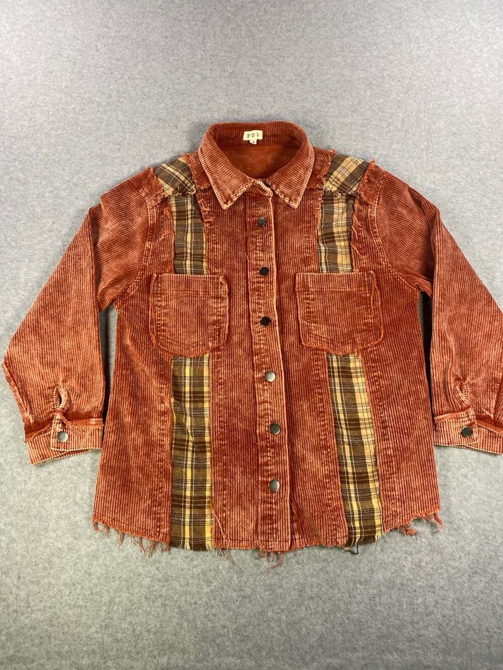 POL Rust Corduroy Plaid Raw Hem Shacket